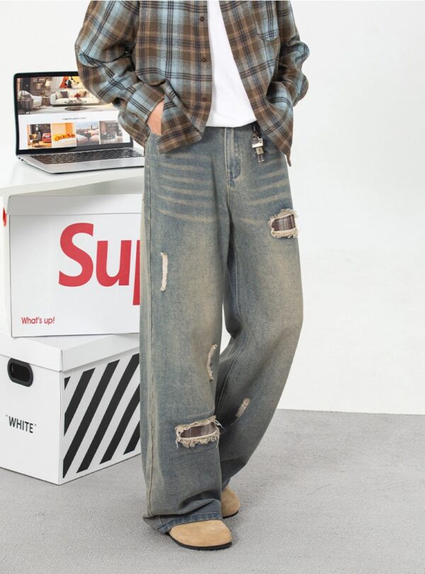 Ripped Plaid Washed Jeans - Image 4