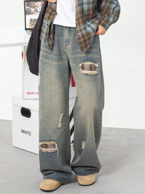 Ripped Plaid Washed Jeans - Image 5