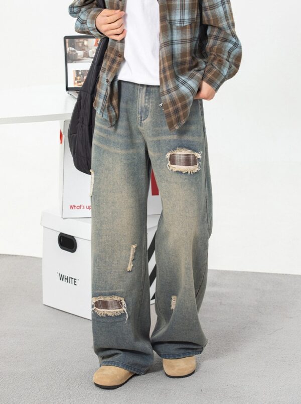 Ripped Plaid Washed Jeans - Image 2