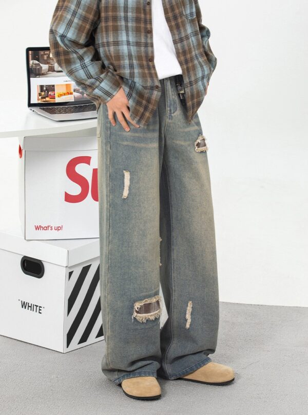 Ripped Plaid Washed Jeans - Image 3