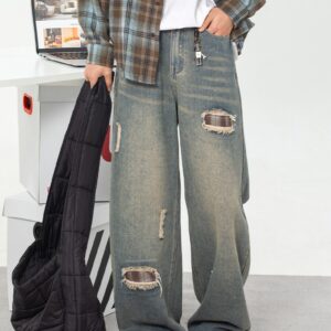 Ripped Plaid Washed Jeans