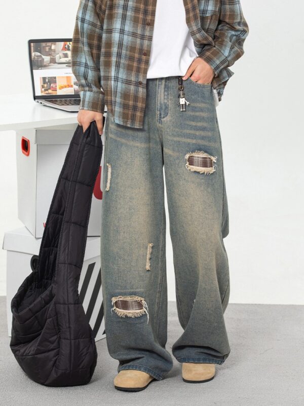 Ripped Plaid Washed Jeans
